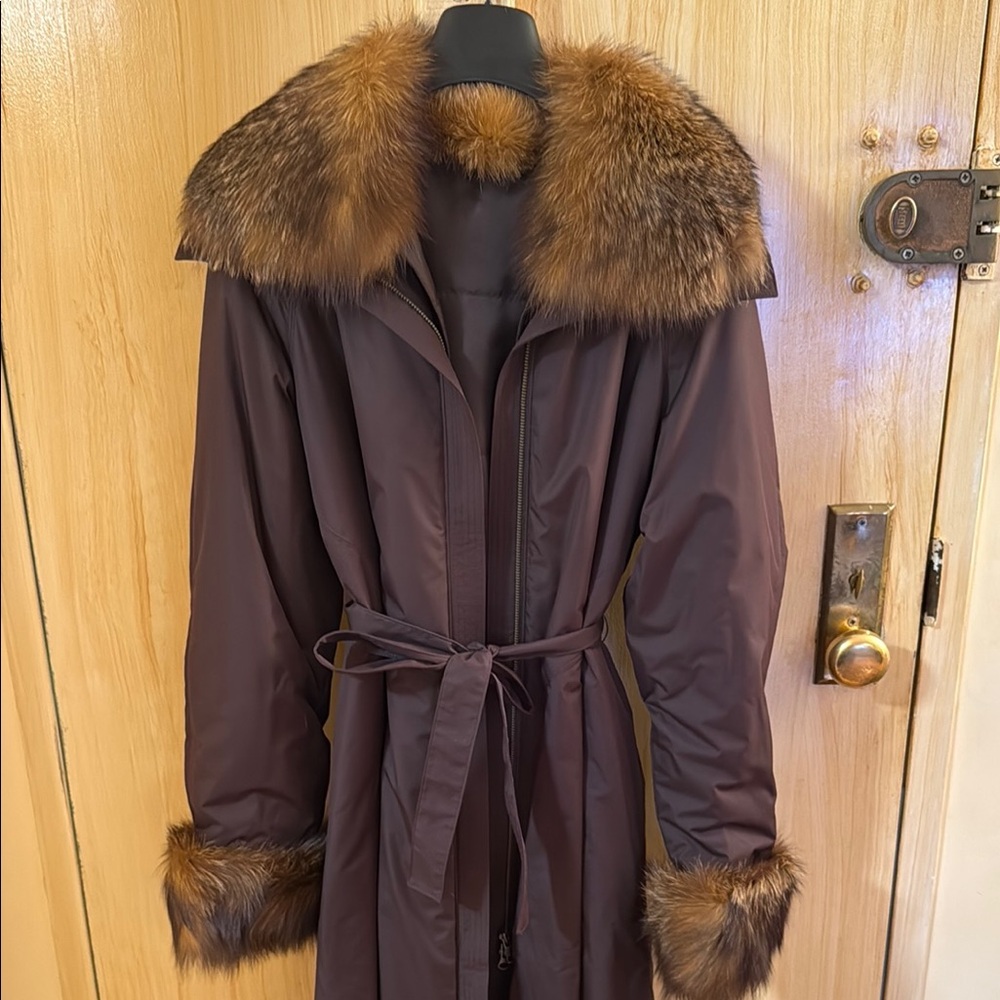 Lafayette 148 New York Brown Fur-Trimmed Trench Coat